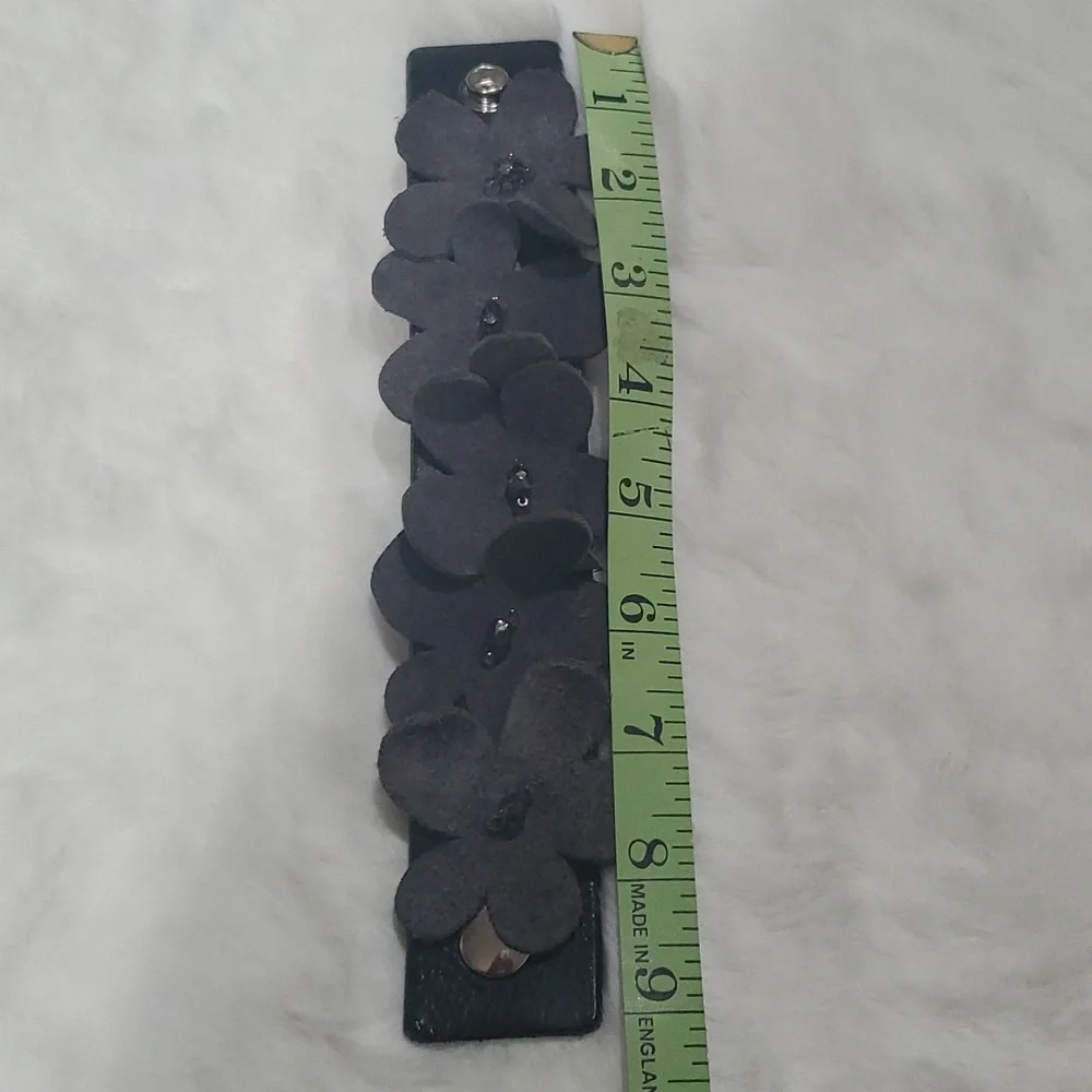 Leather cuff black gray flowers
